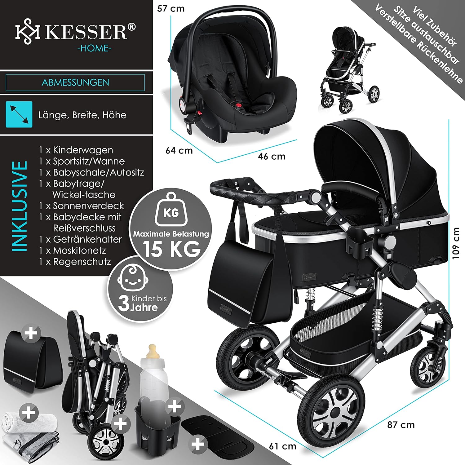 KESSER® Loops 3 in 1 Kinderwagen – Babywanne, Buggy Sportsitz, Auto-Babyschale