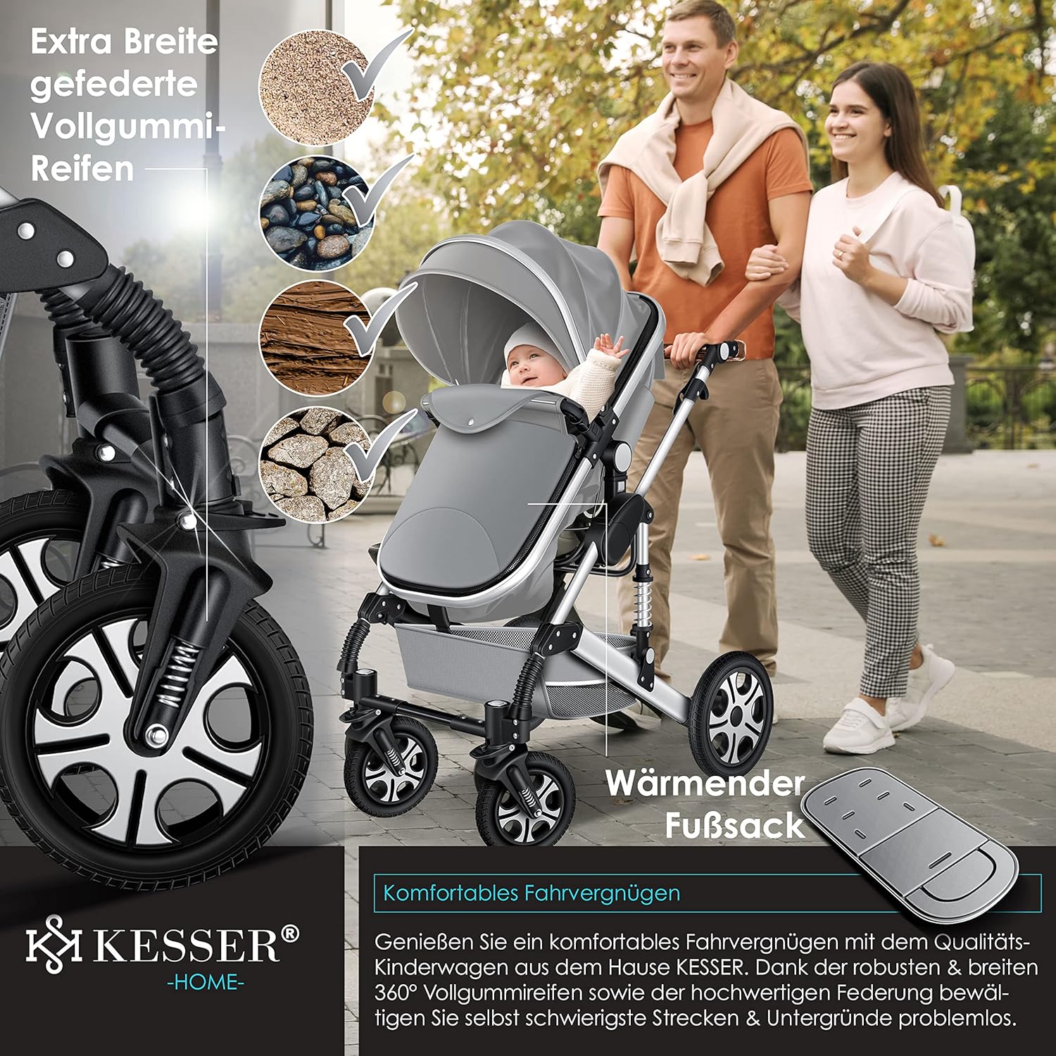 KESSER® Loops 3 in 1 Kinderwagen – Babywanne, Buggy Sportsitz, Auto-Babyschale