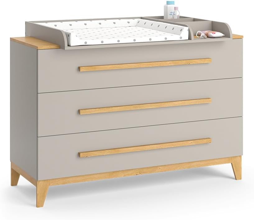 VitaliSpa Wickelkommode Malia XL – 133 x 98 cm, 3 Schubladen, Weiß/Eiche