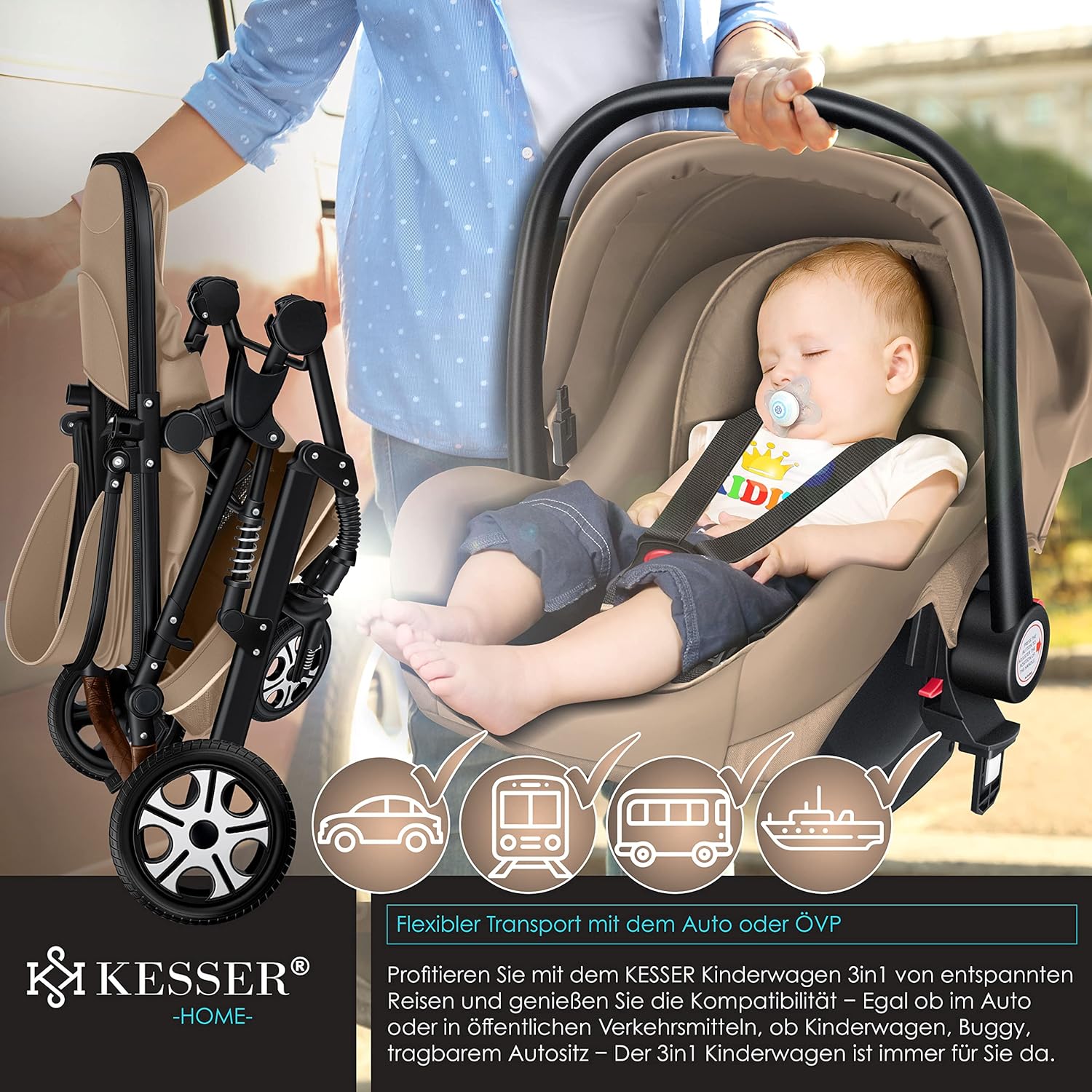 KESSER® Loops 3 in 1 Kinderwagen – Babywanne, Buggy Sportsitz, Auto-Babyschale