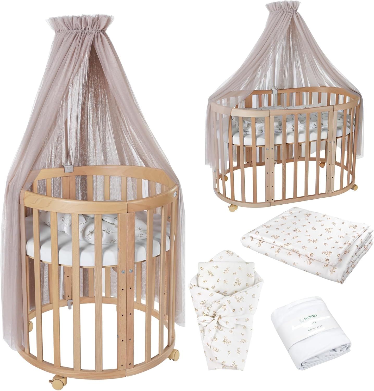 Waldin Oval Baby-Bett 7in1 – Mitwachsend, Gitterbett, Wickelkommode