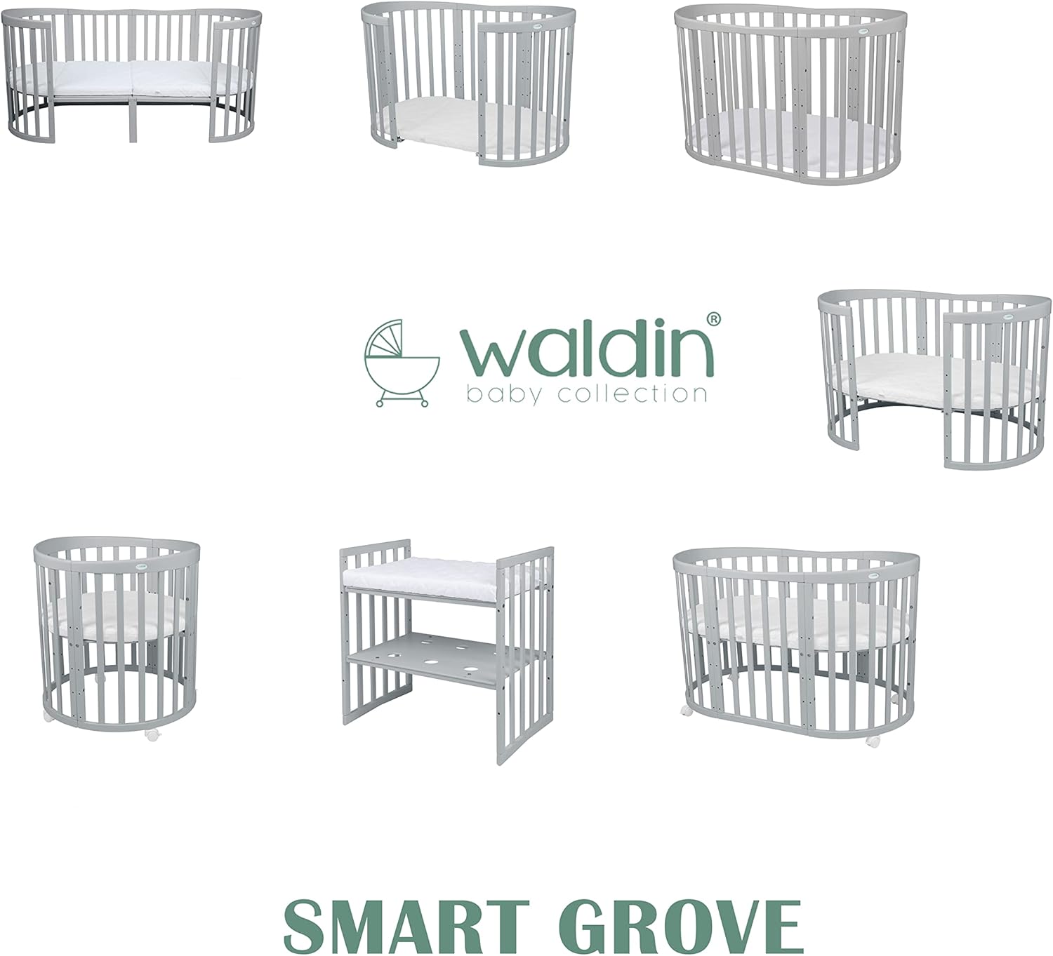Waldin Oval Baby-Bett 7in1 – Mitwachsend, Gitterbett, Wickelkommode