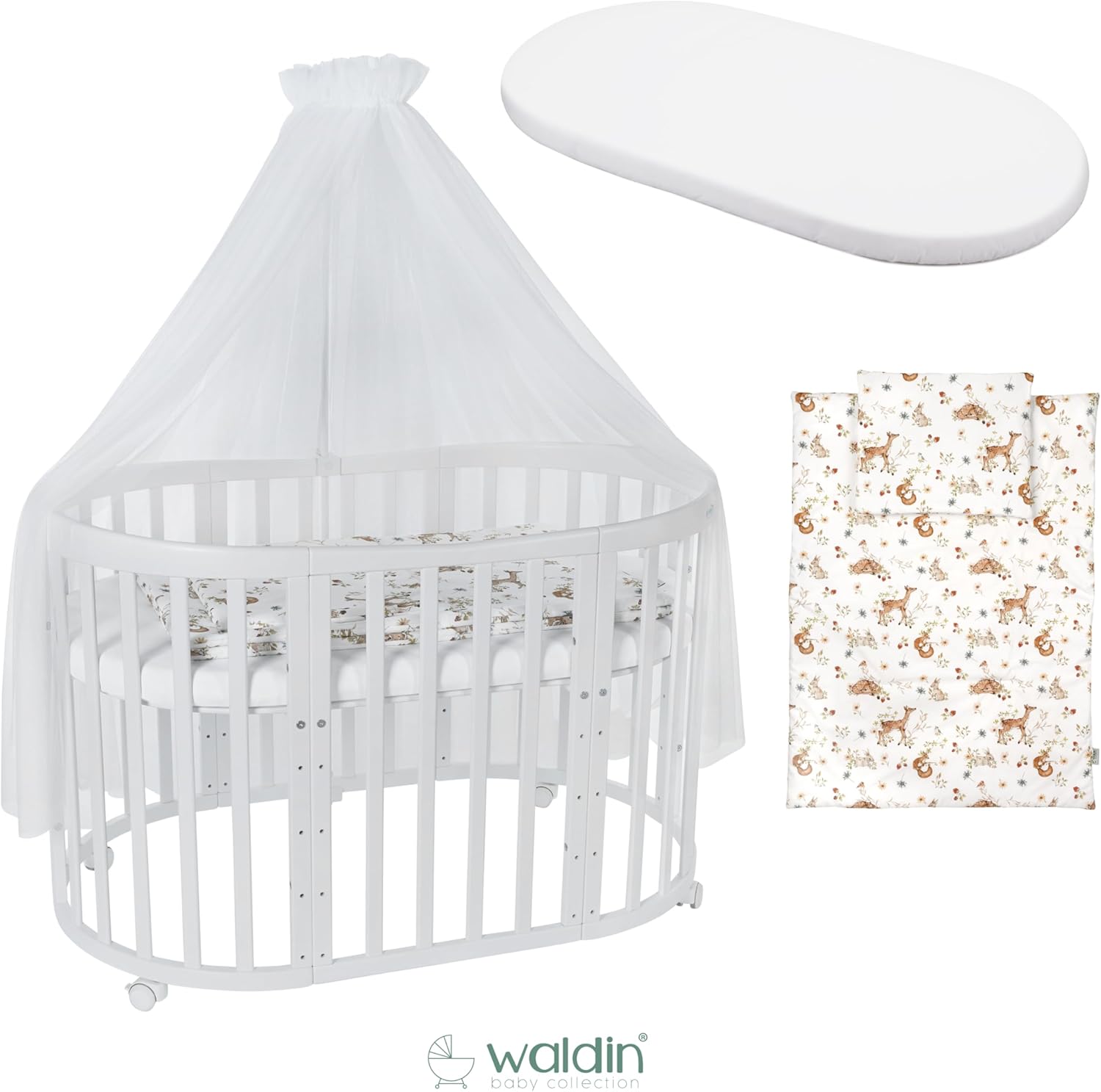 Waldin Oval Baby-Bett 7in1 – Mitwachsend, Gitterbett, Wickelkommode