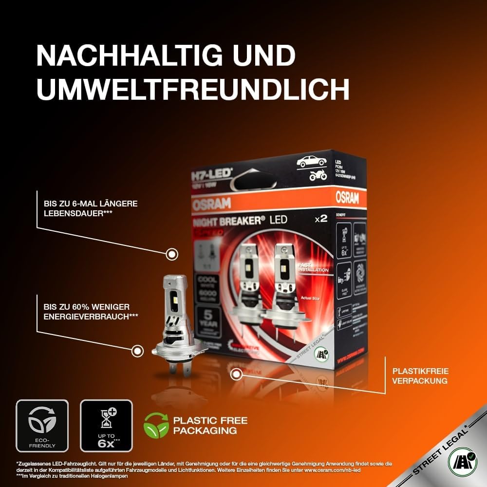 Osram Night Breaker LED Speed H7 – Straßenzugelassene LED Scheinwerferlampe, 6000K, Plug & Play