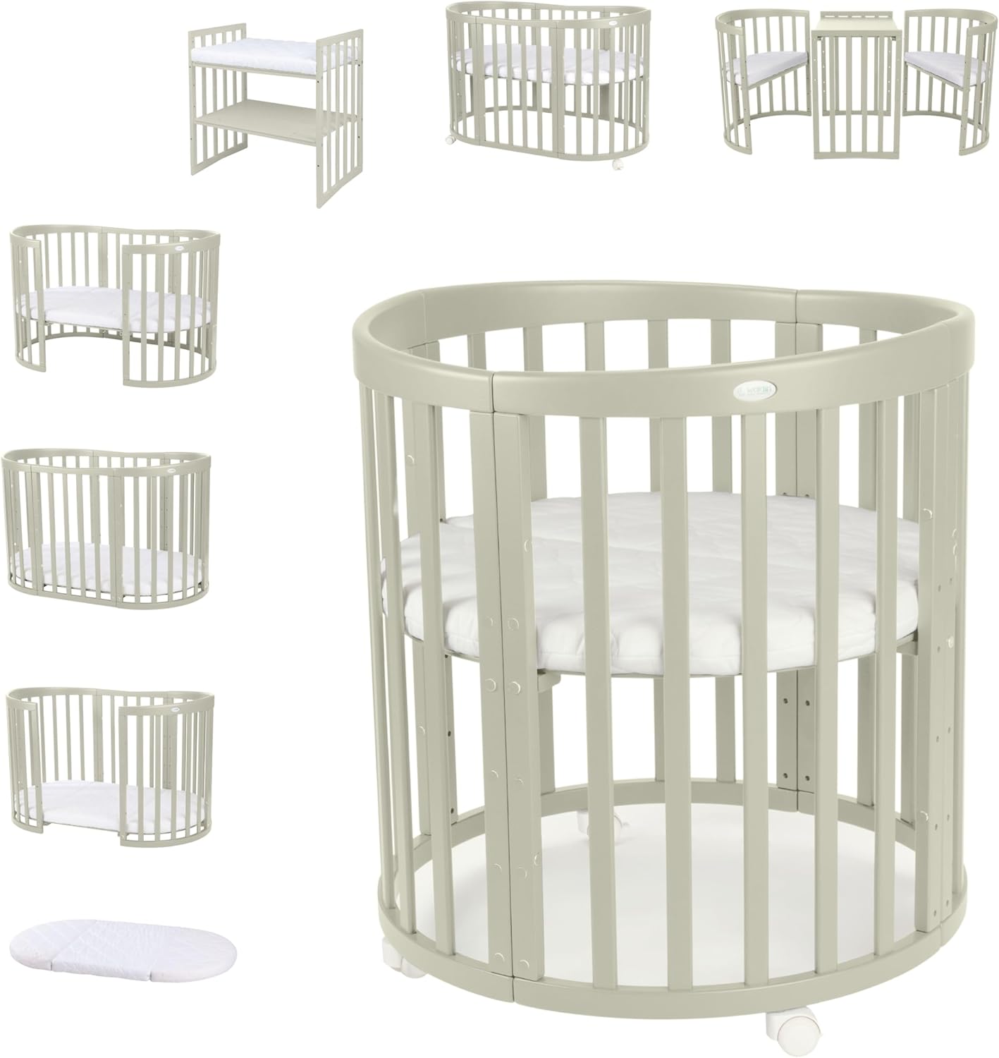 Waldin Oval Baby-Bett 7in1 – Mitwachsend, Gitterbett, Wickelkommode