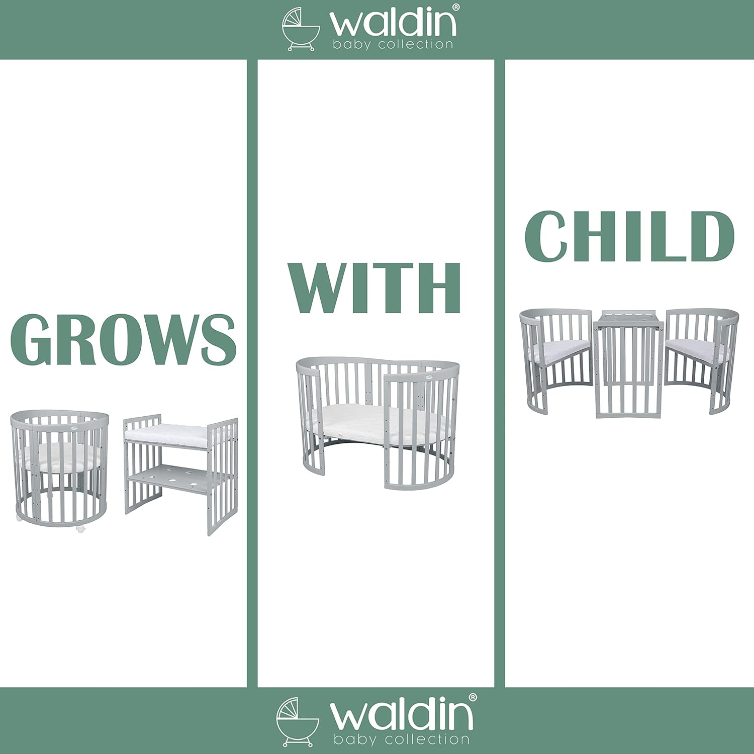 Waldin Oval Baby-Bett 7in1 – Mitwachsend, Gitterbett, Wickelkommode