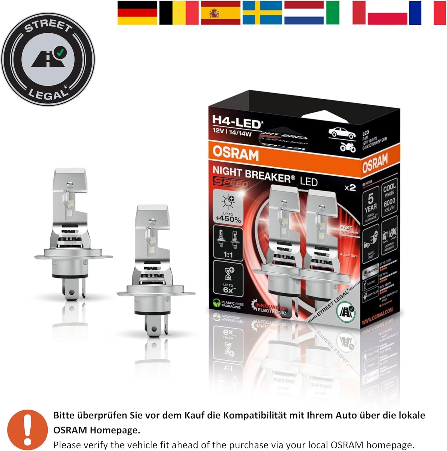 Osram Night Breaker LED Speed H7 – Straßenzugelassene LED Scheinwerferlampe, 6000K, Plug & Play