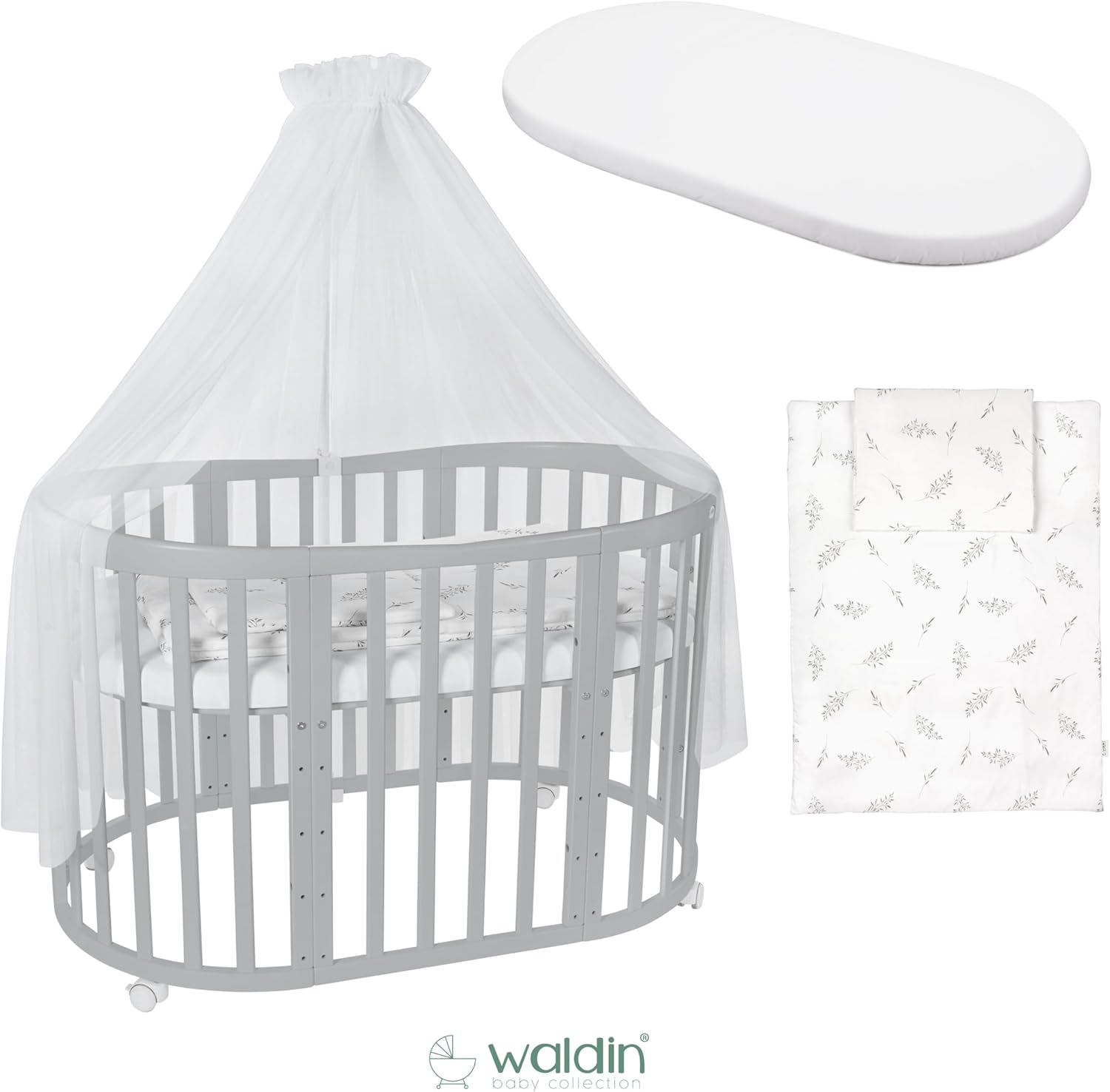 Waldin Oval Baby-Bett 7in1 – Mitwachsend, Gitterbett, Wickelkommode