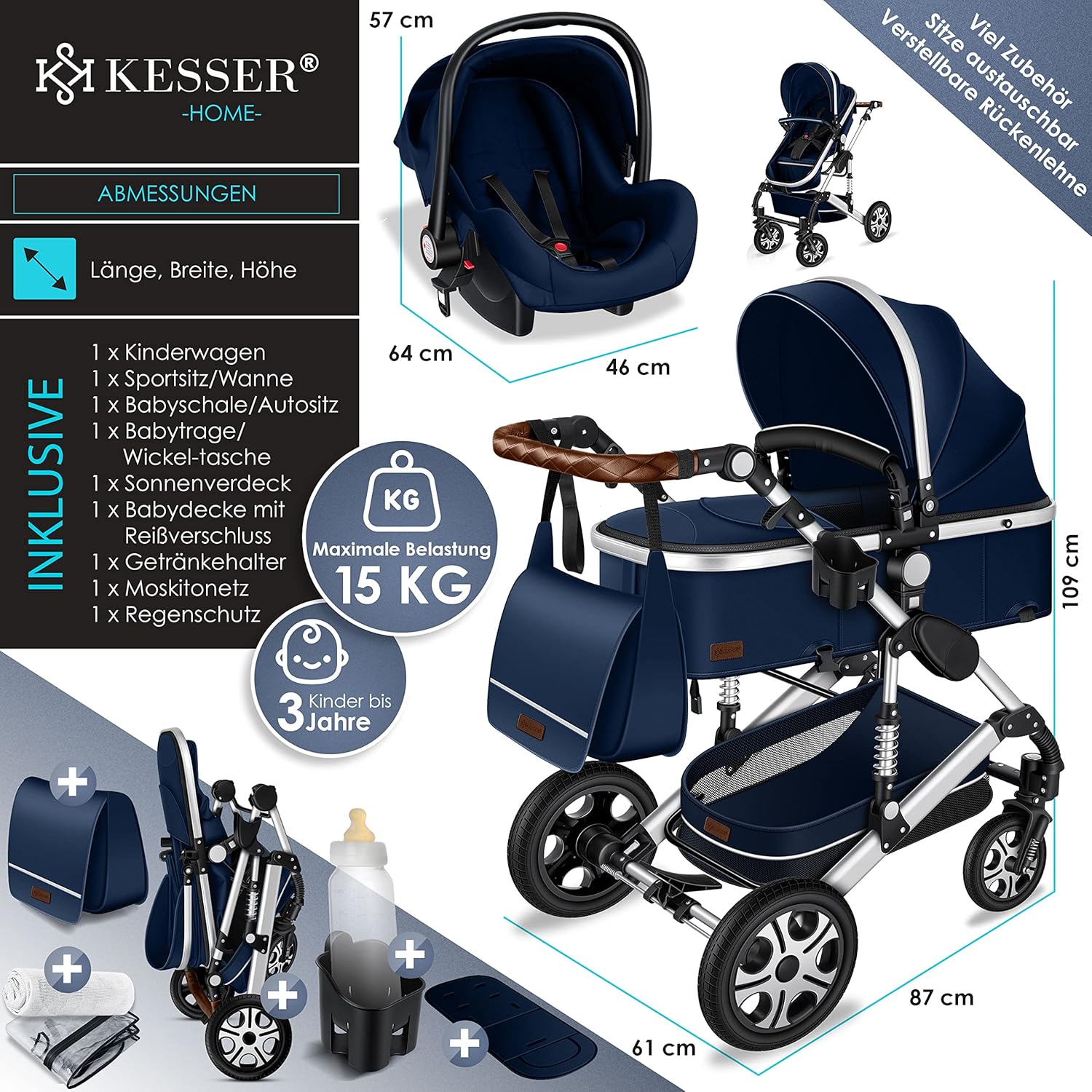 KESSER® Loops 3 in 1 Kinderwagen – Babywanne, Buggy Sportsitz, Auto-Babyschale