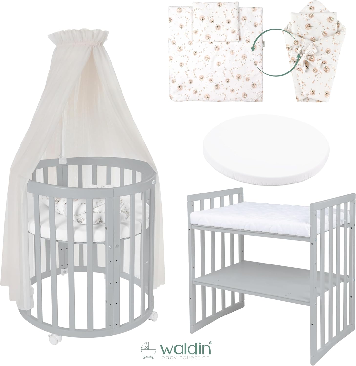 Waldin Oval Baby-Bett 7in1 – Mitwachsend, Gitterbett, Wickelkommode