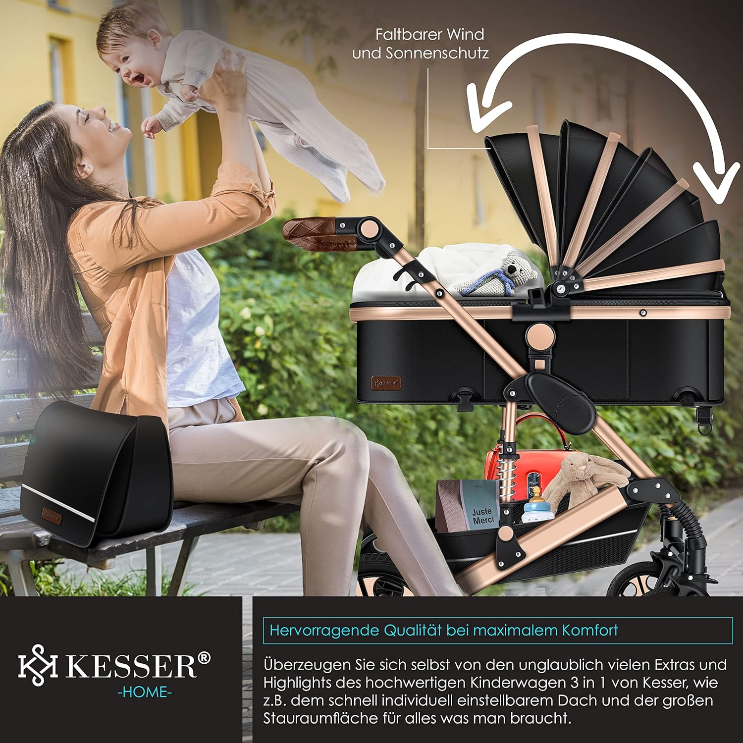 KESSER® Loops 3 in 1 Kinderwagen – Babywanne, Buggy Sportsitz, Auto-Babyschale