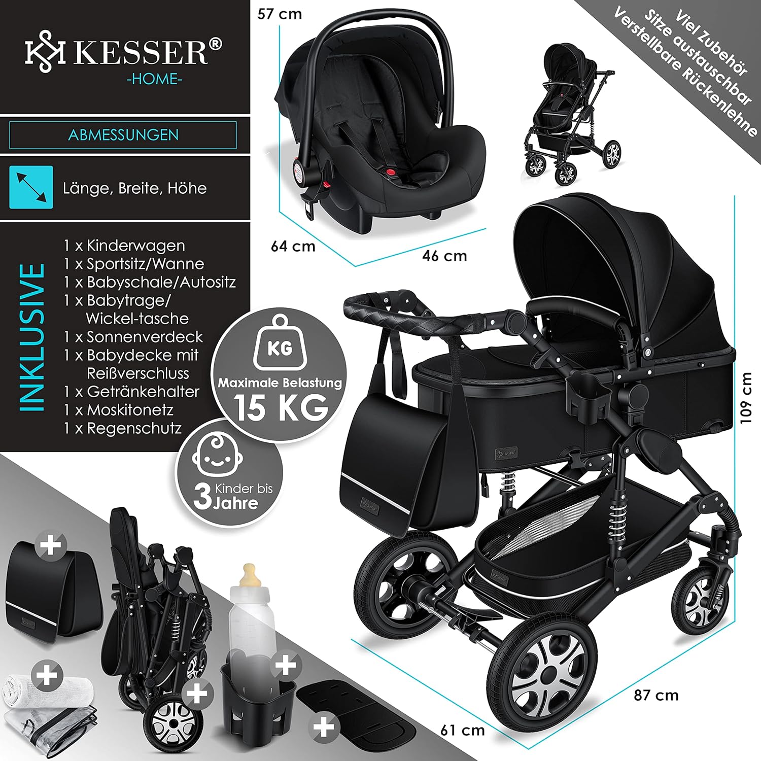 KESSER® Loops 3 in 1 Kinderwagen – Babywanne, Buggy Sportsitz, Auto-Babyschale