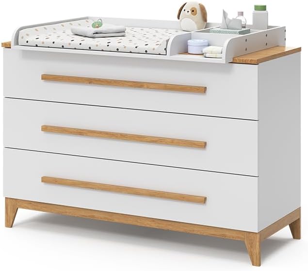 VitaliSpa Wickelkommode Malia XL – 133 x 98 cm, 3 Schubladen, Weiß/Eiche