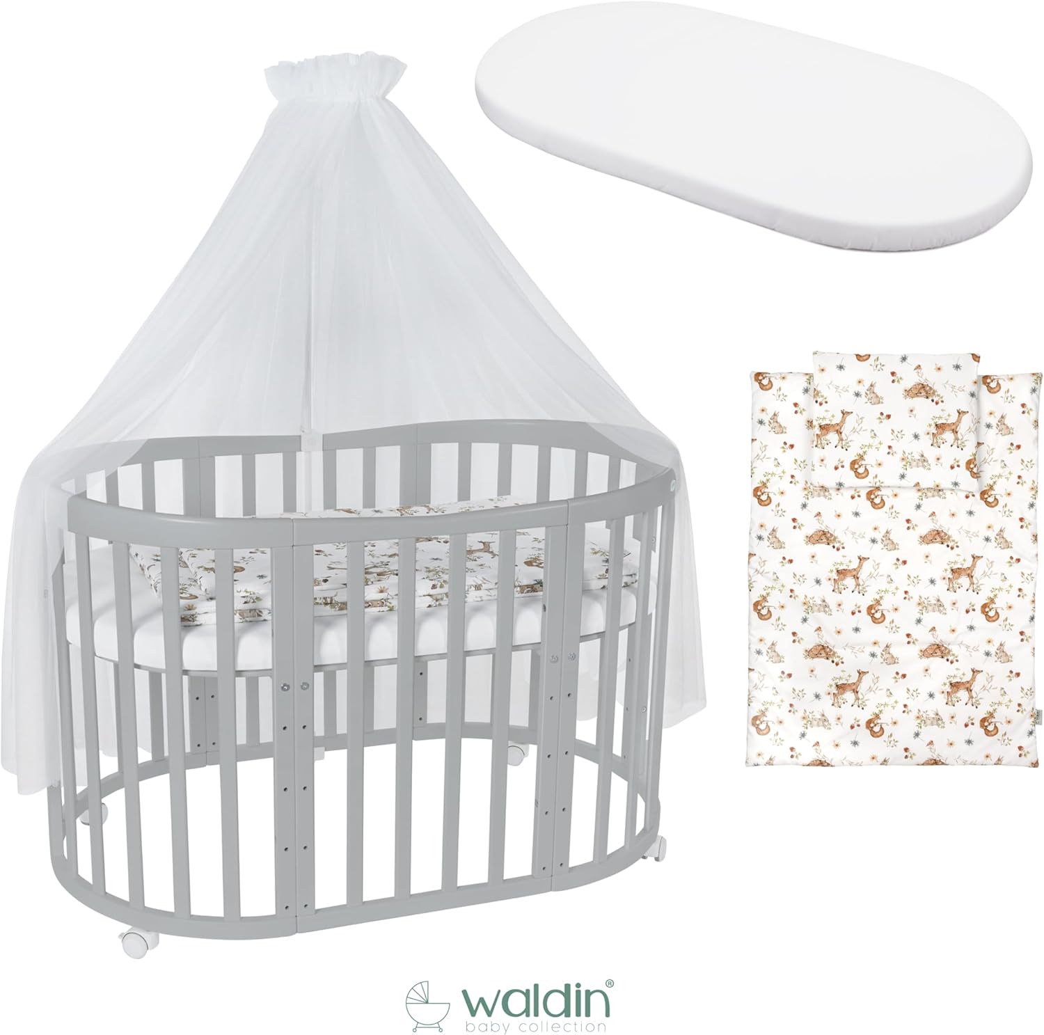 Waldin Oval Baby-Bett 7in1 – Mitwachsend, Gitterbett, Wickelkommode