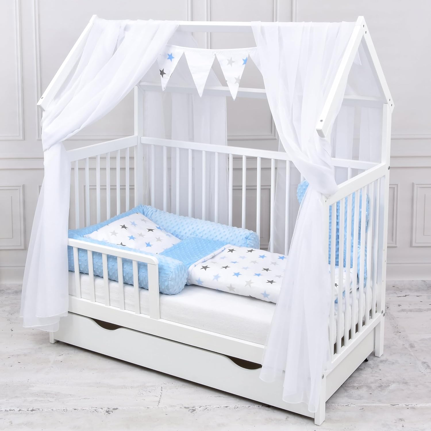 Baby Delux Babybett Hausbett – 60x120 cm, Komplett Set, Schublade & Rausfallschutz