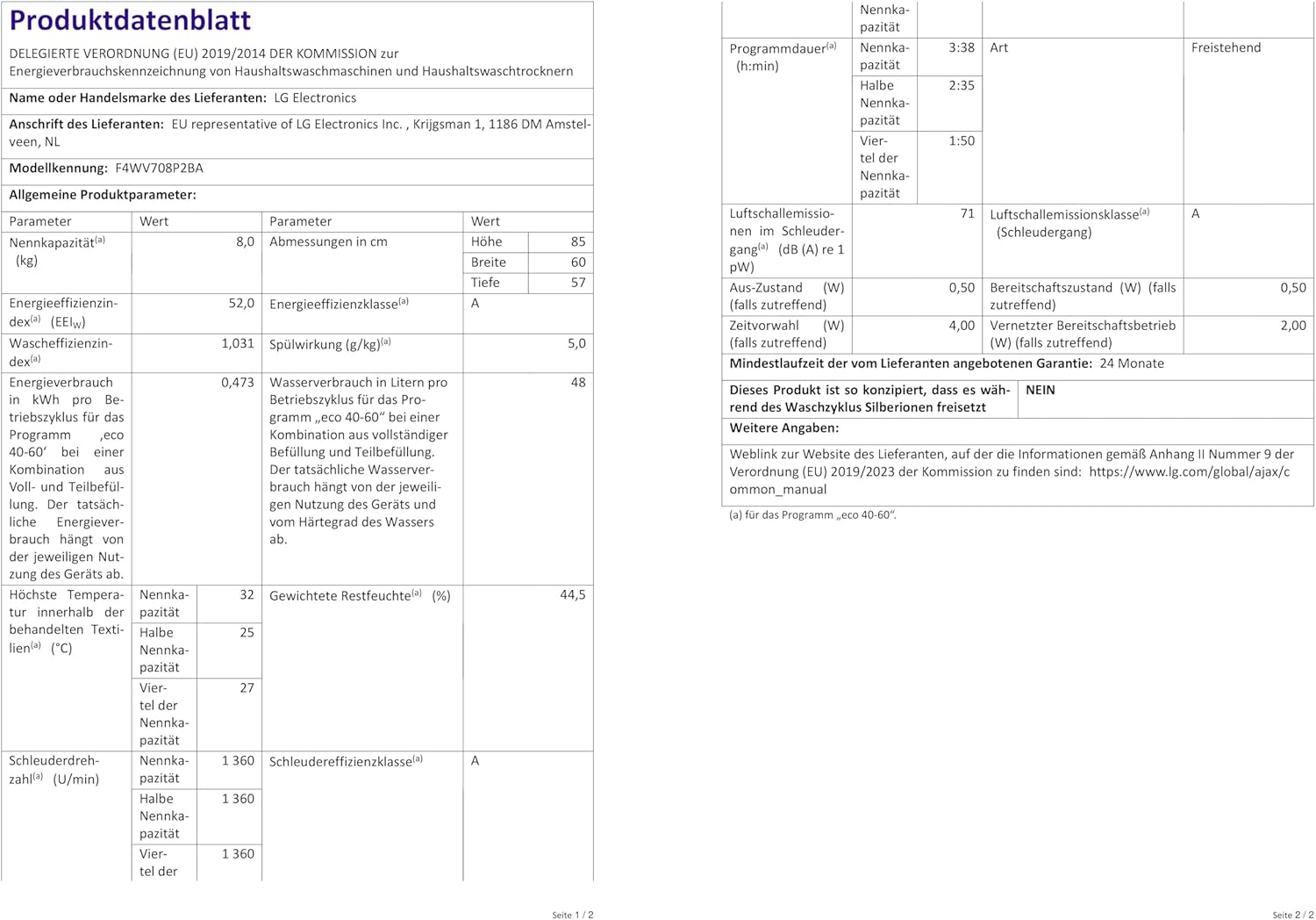 LG F4WV7080 Waschmaschine – 8 kg, 1400 U/min, AI Direct Drive