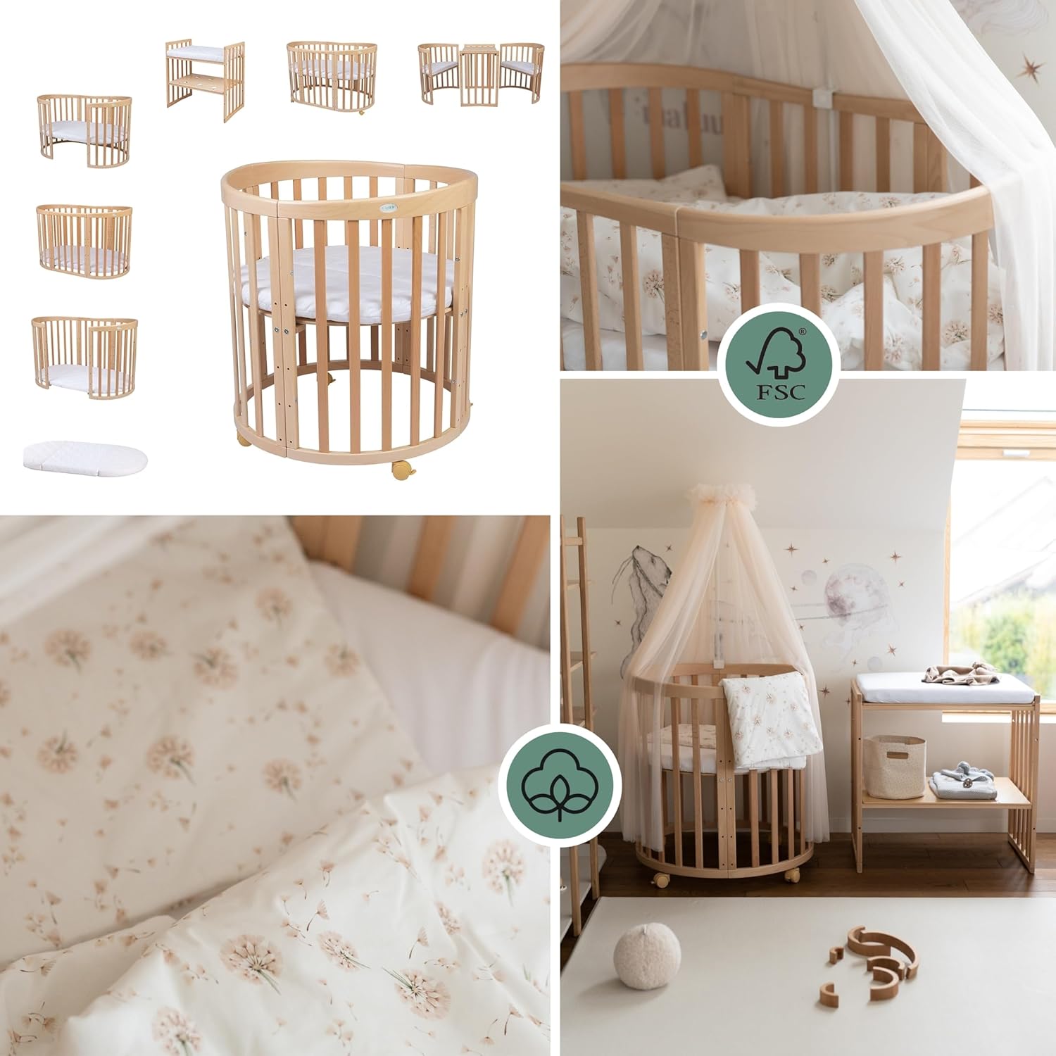 Waldin Oval Baby-Bett 7in1 – Mitwachsend, Gitterbett, Wickelkommode