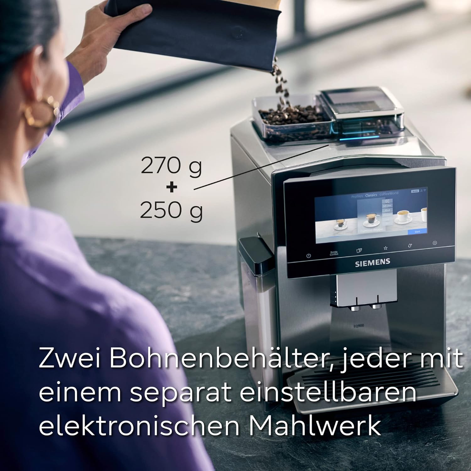 Siemens EQ900 TQ903D03 Kaffeevollautomat – 1500 W, Full-Touch-Display, App-Steuerung