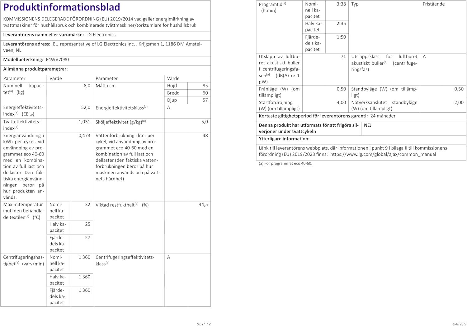 LG F4WV7080 Waschmaschine – 8 kg, 1400 U/min, AI Direct Drive