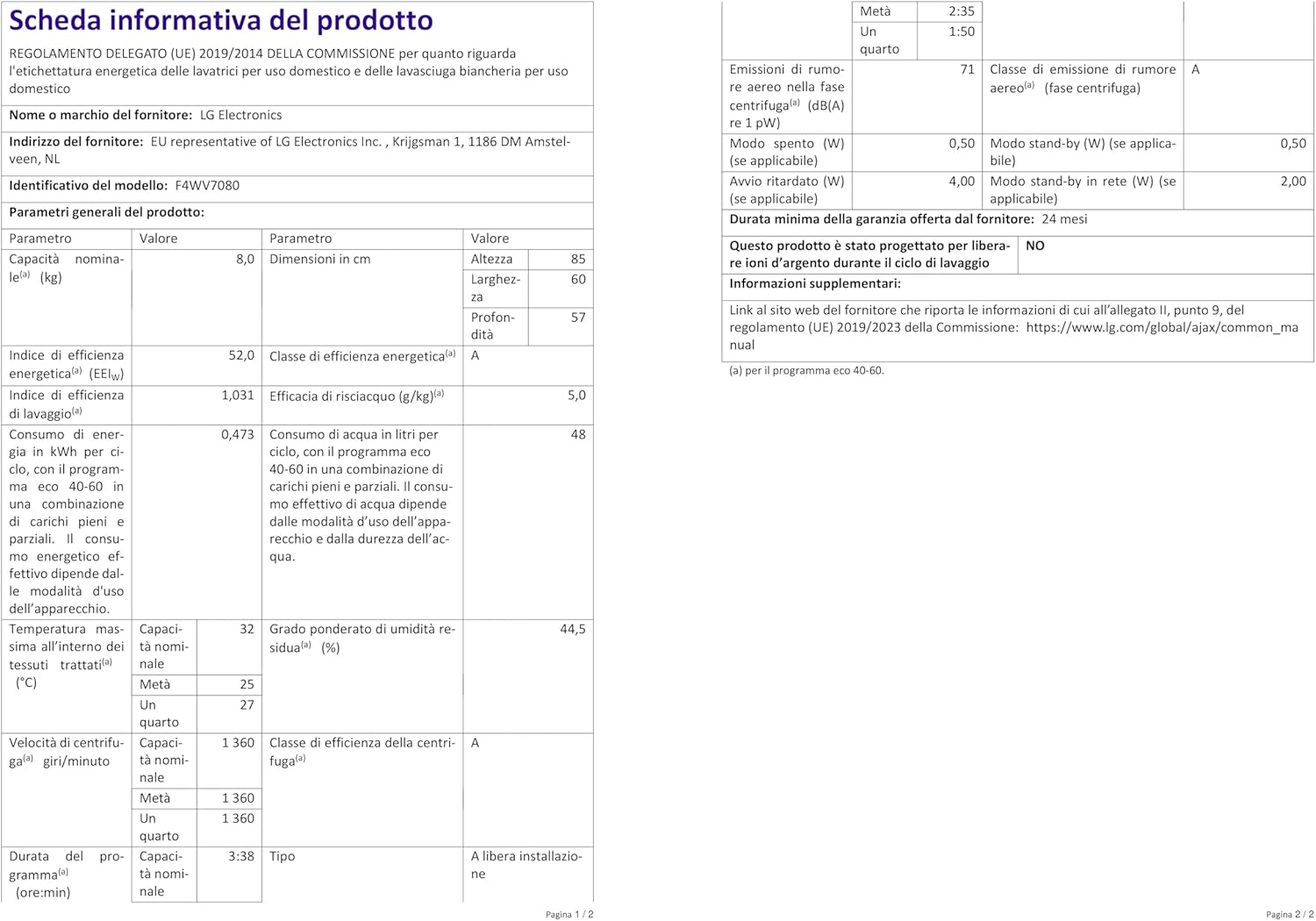 LG F4WV7080 Waschmaschine – 8 kg, 1400 U/min, AI Direct Drive