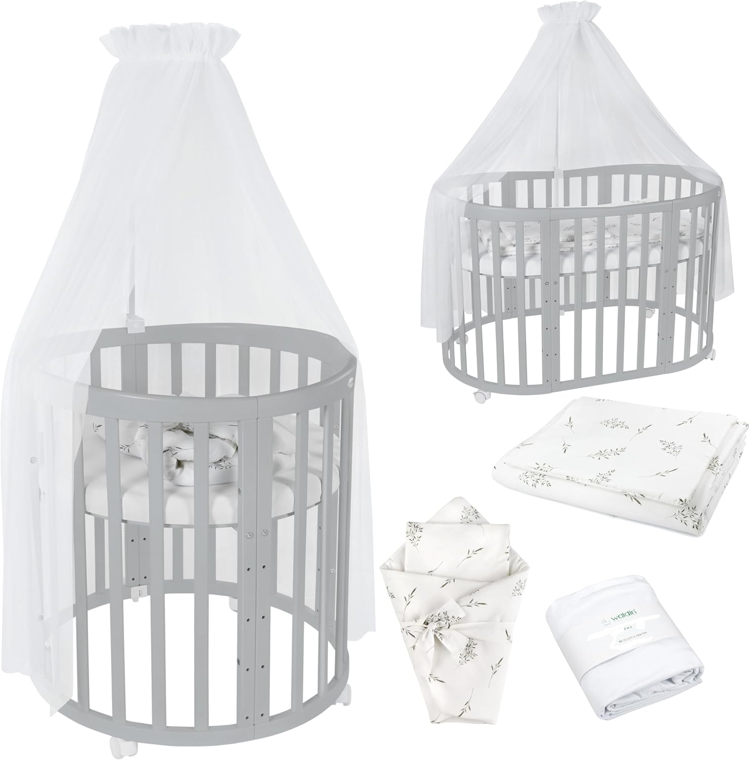 Waldin Oval Baby-Bett 7in1 – Mitwachsend, Gitterbett, Wickelkommode