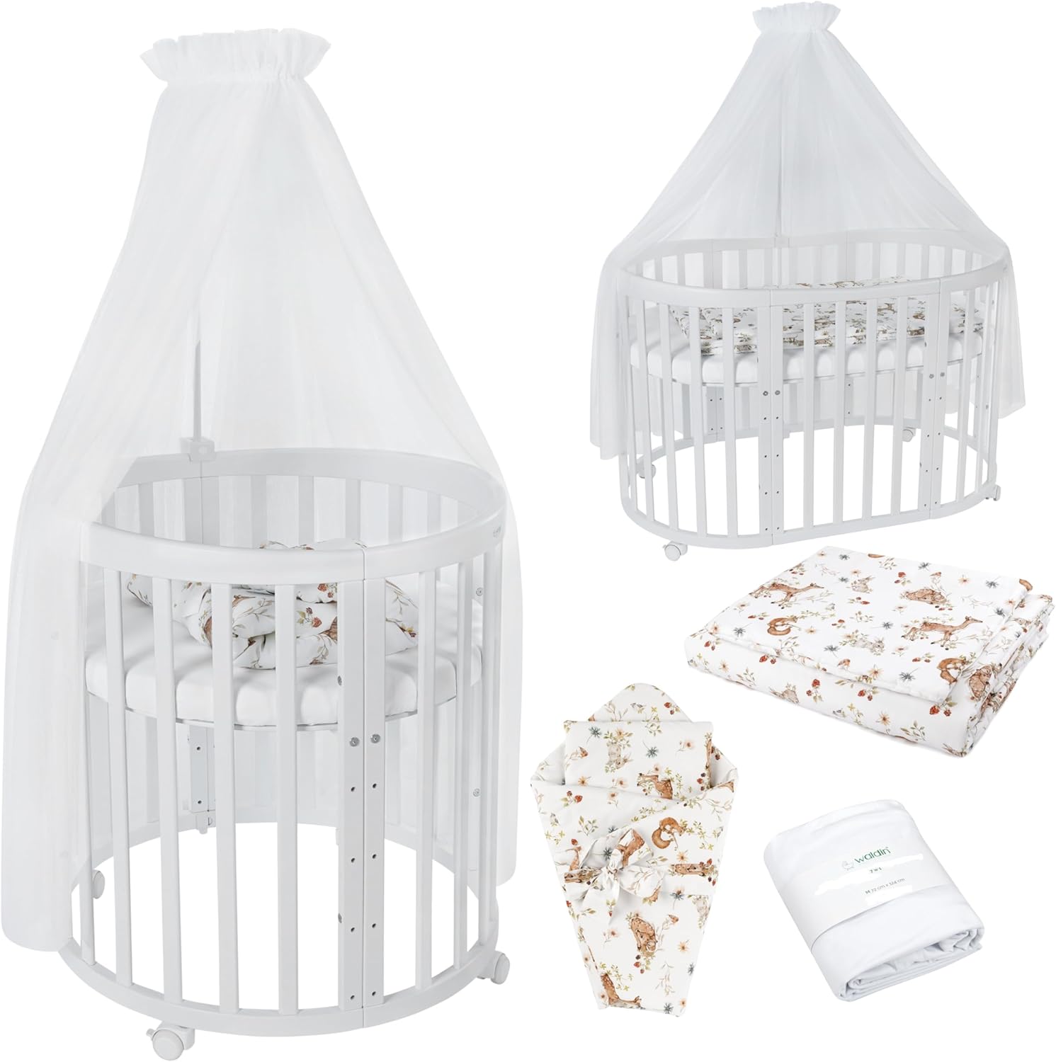Waldin Oval Baby-Bett 7in1 – Mitwachsend, Gitterbett, Wickelkommode
