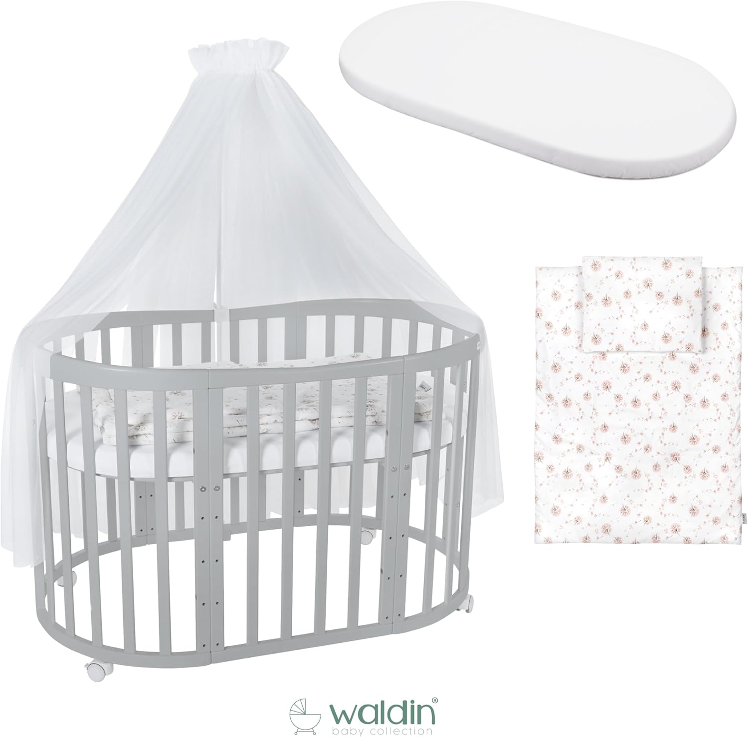 Waldin Oval Baby-Bett 7in1 – Mitwachsend, Gitterbett, Wickelkommode