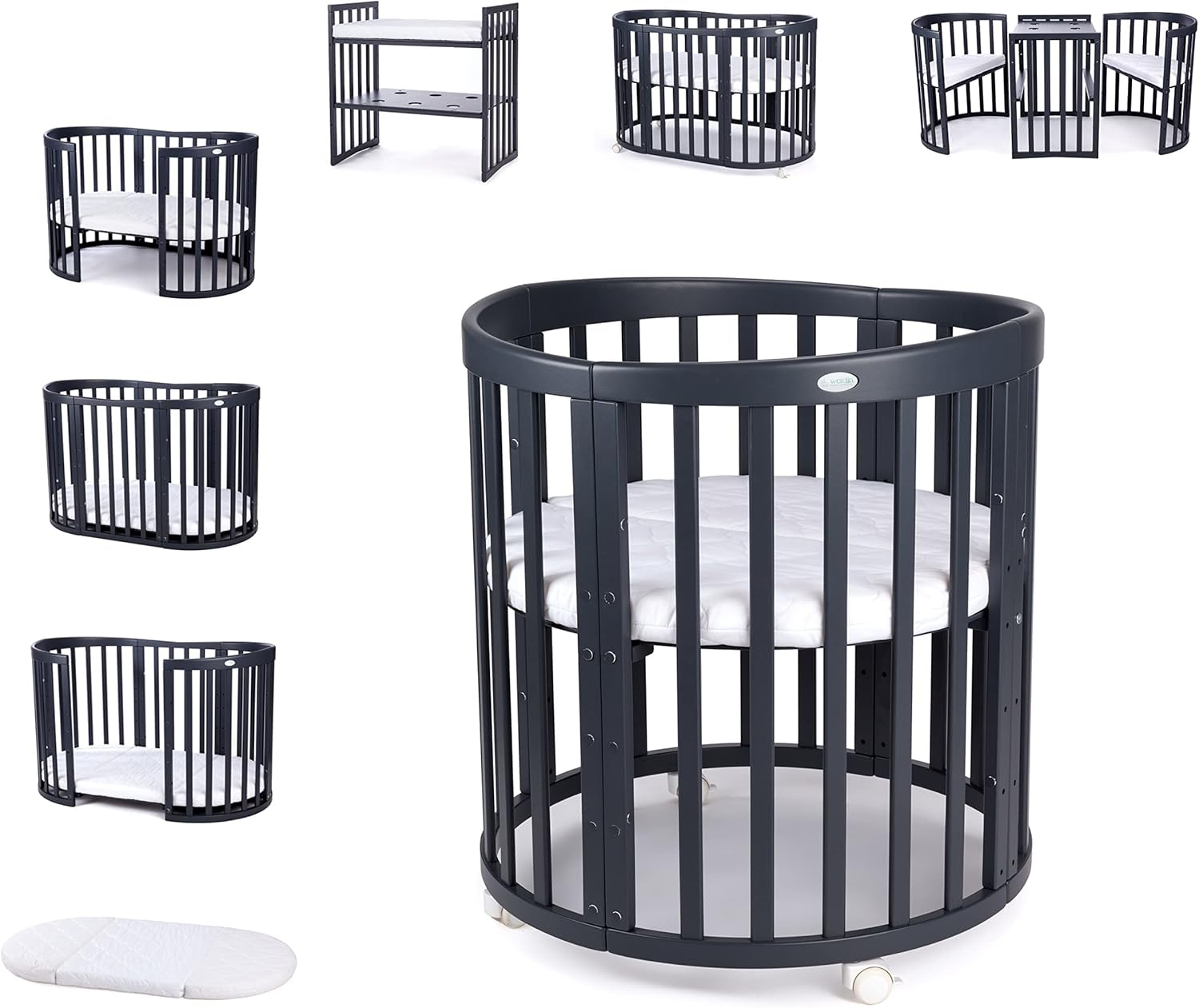 Waldin Oval Baby-Bett 7in1 – Mitwachsend, Gitterbett, Wickelkommode