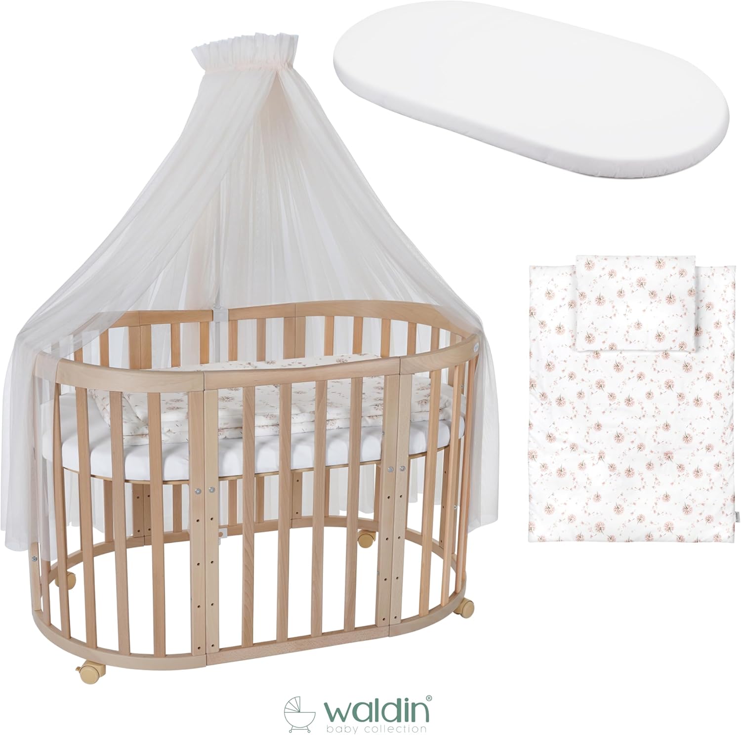 Waldin Oval Baby-Bett 7in1 – Mitwachsend, Gitterbett, Wickelkommode