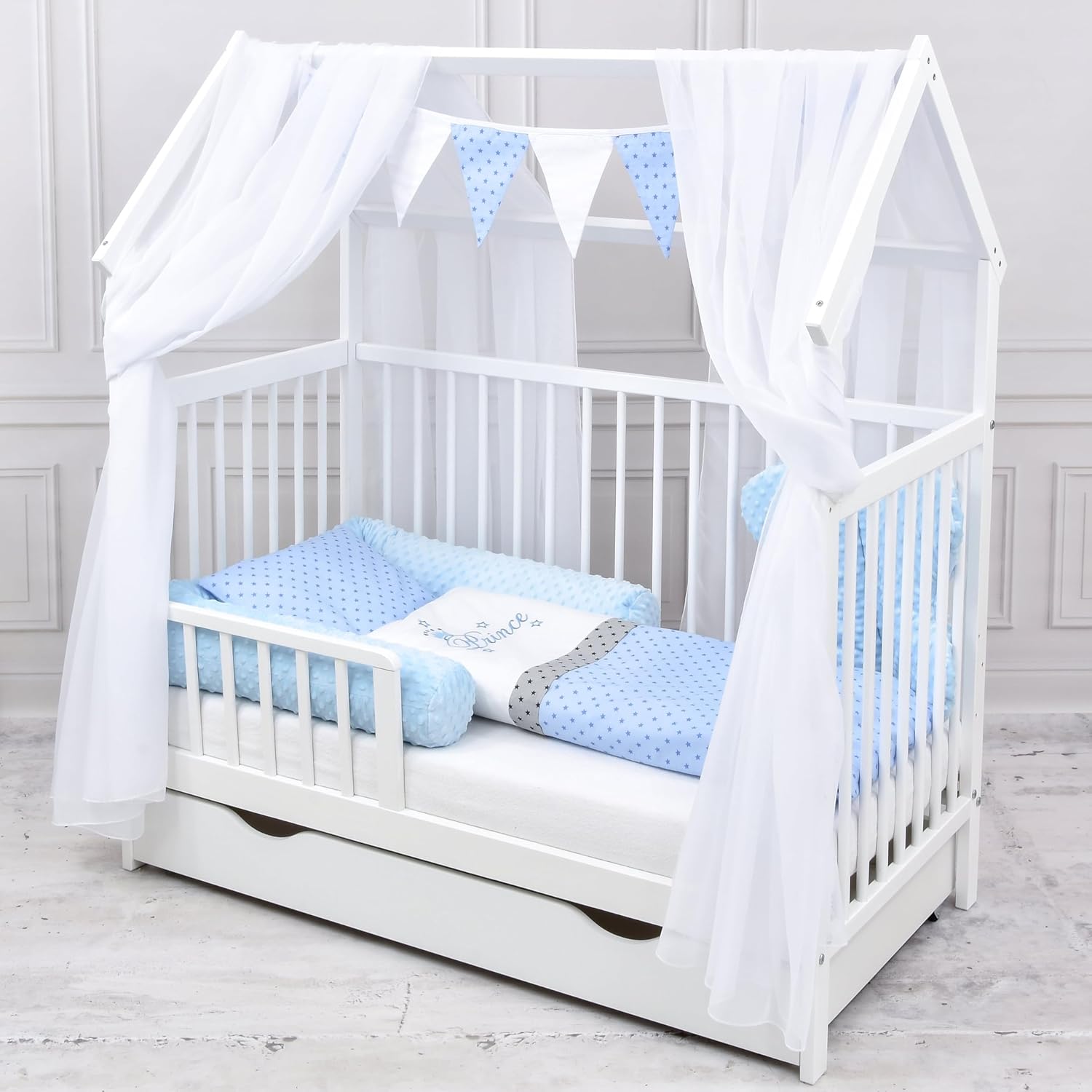 Baby Delux Babybett Hausbett – 60x120 cm, Komplett Set, Schublade & Rausfallschutz