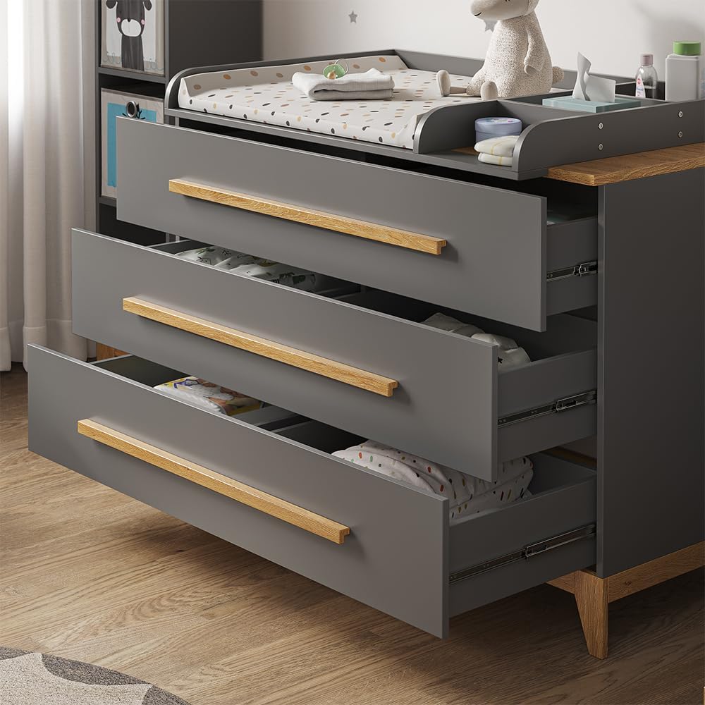 VitaliSpa Wickelkommode Malia XL – 133 x 98 cm, 3 Schubladen, Weiß/Eiche