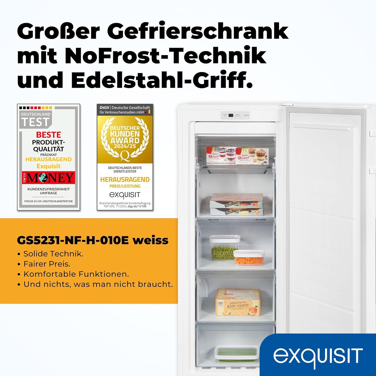 Exquisit Gefrierschrank GS5231-NF-H-040C – 161L Nutzinhalt, NoFrost, Türalarm