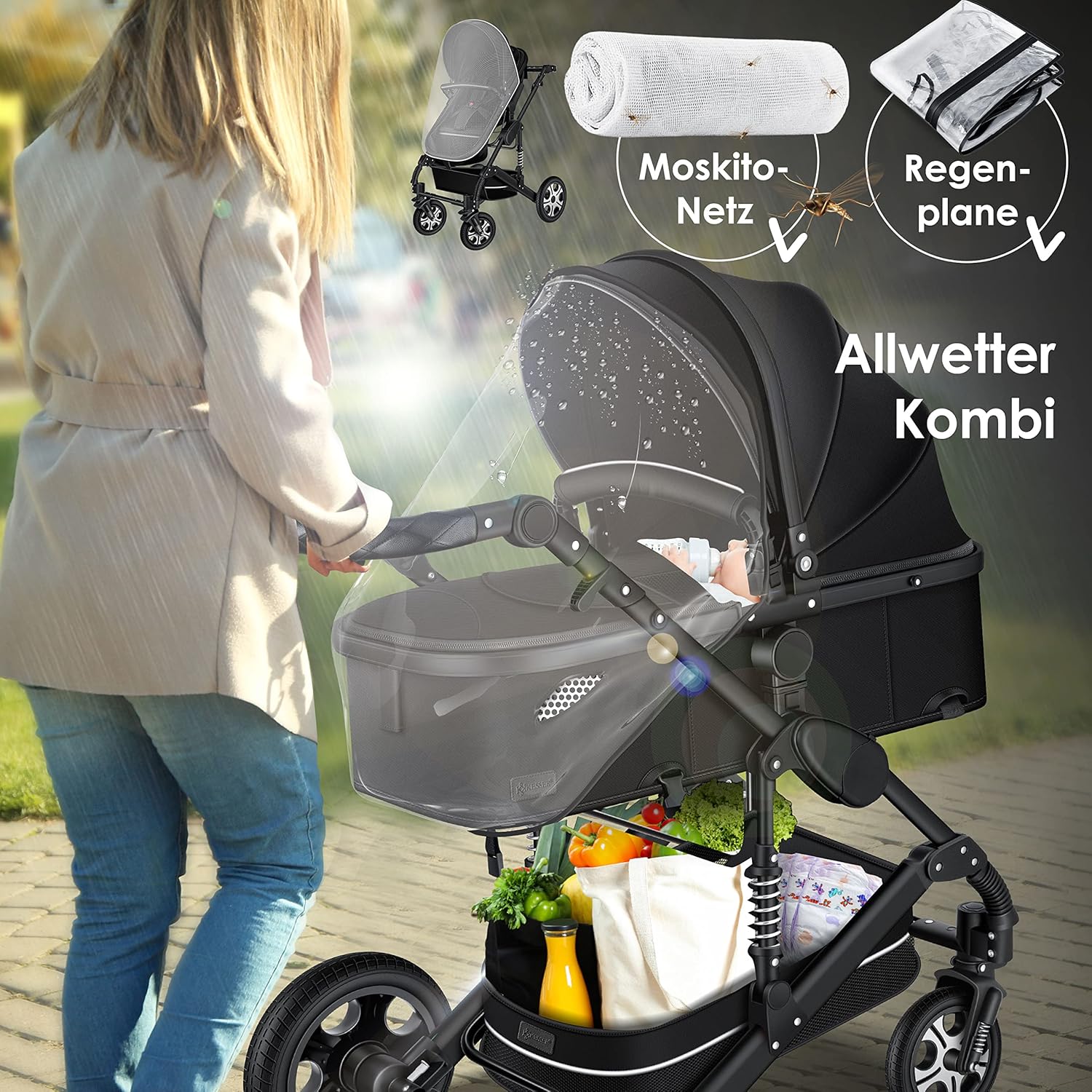 KESSER® Loops 3 in 1 Kinderwagen – Babywanne, Buggy Sportsitz, Auto-Babyschale