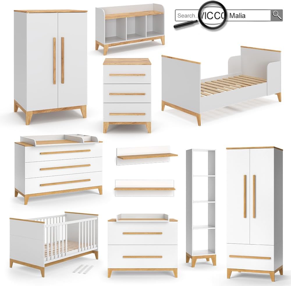 VitaliSpa Wickelkommode Malia XL – 133 x 98 cm, 3 Schubladen, Weiß/Eiche