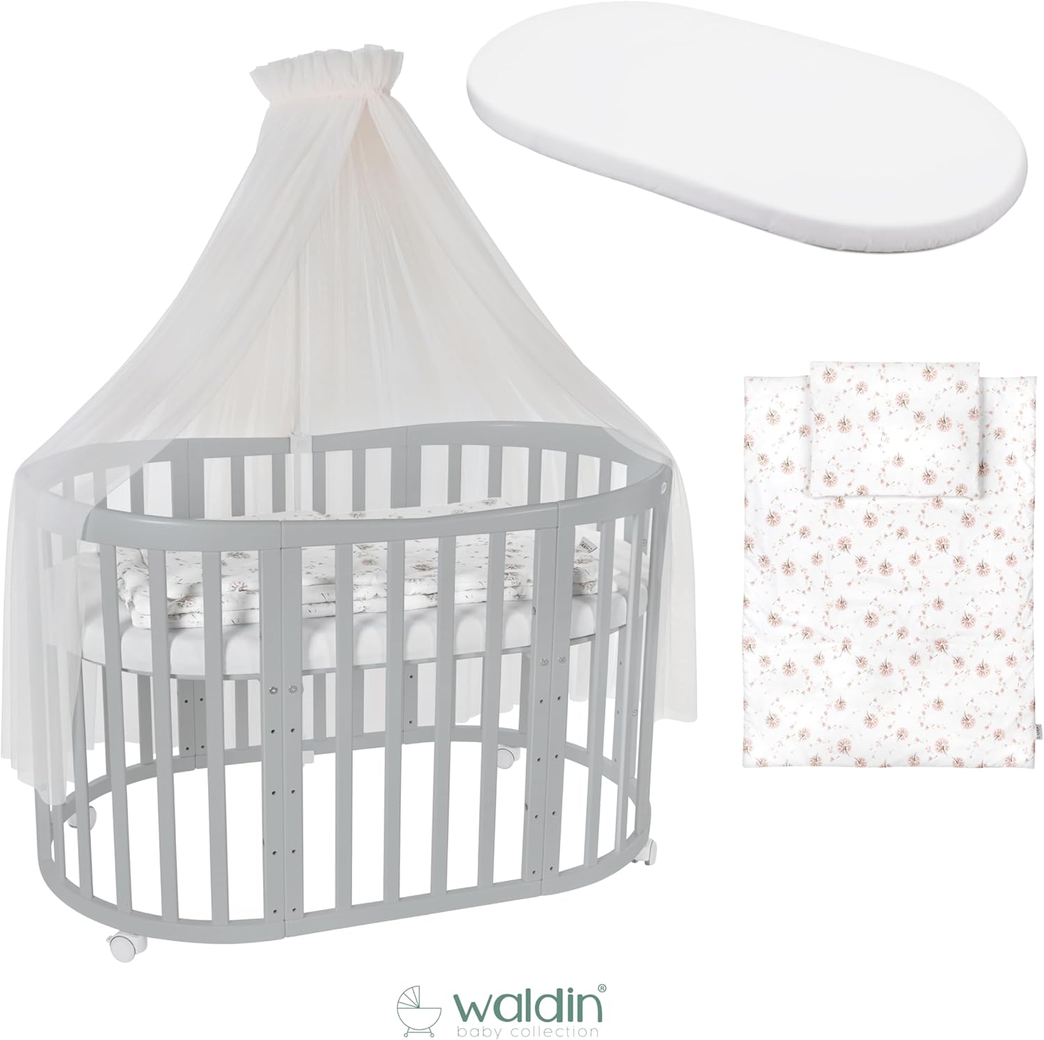 Waldin Oval Baby-Bett 7in1 – Mitwachsend, Gitterbett, Wickelkommode