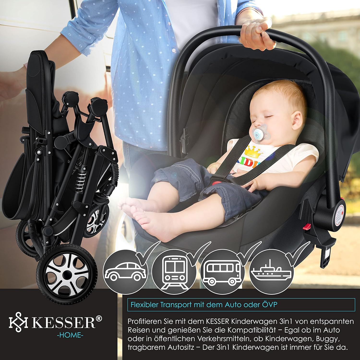 KESSER® Loops 3 in 1 Kinderwagen – Babywanne, Buggy Sportsitz, Auto-Babyschale