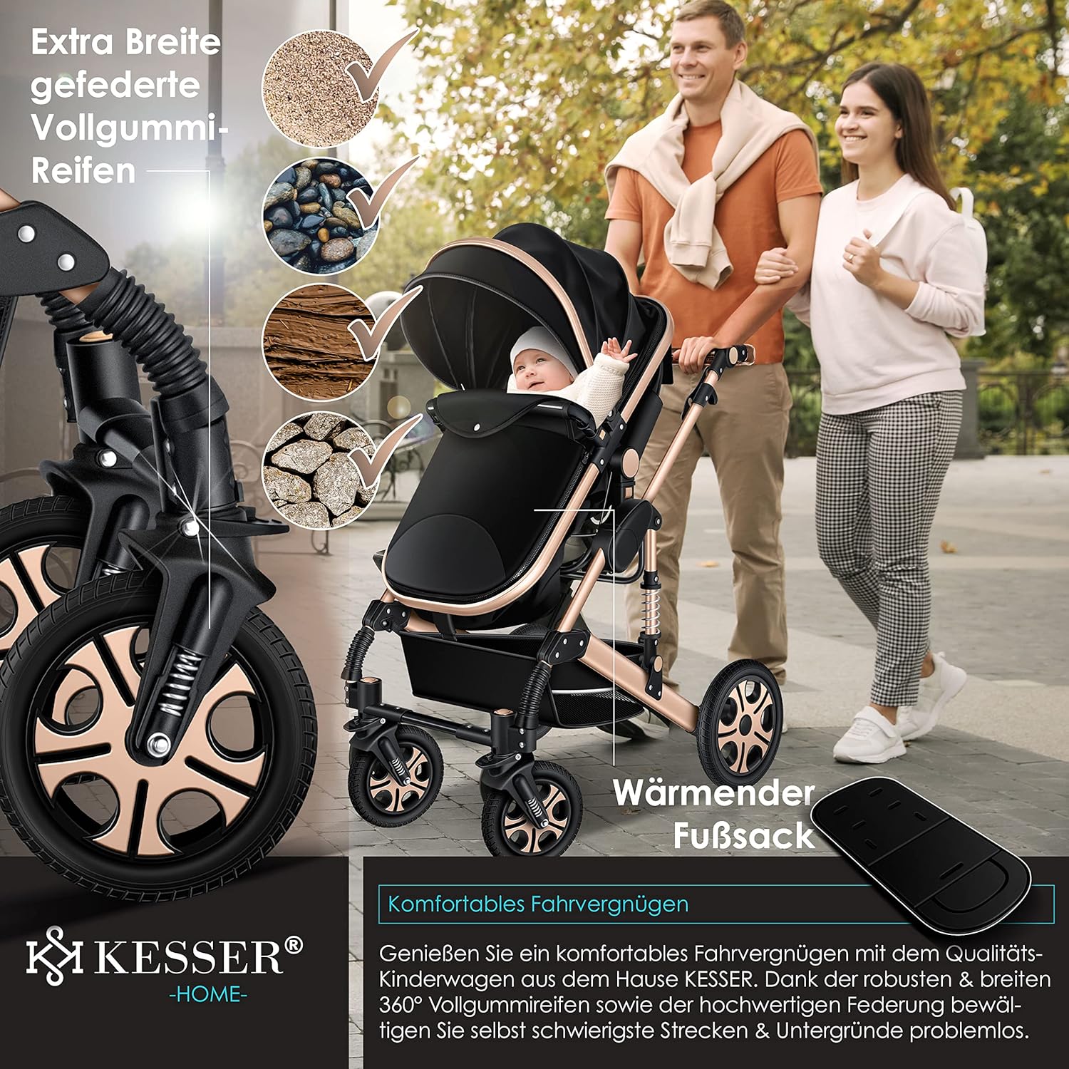 KESSER® Loops 3 in 1 Kinderwagen – Babywanne, Buggy Sportsitz, Auto-Babyschale