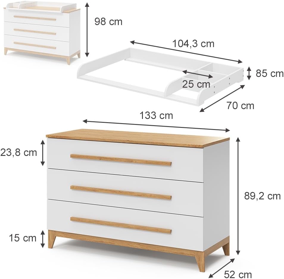 VitaliSpa Wickelkommode Malia XL – 133 x 98 cm, 3 Schubladen, Weiß/Eiche