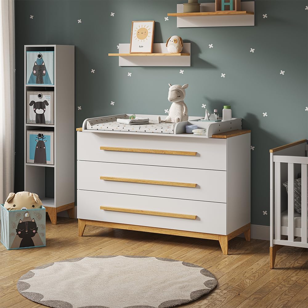 VitaliSpa Wickelkommode Malia XL – 133 x 98 cm, 3 Schubladen, Weiß/Eiche