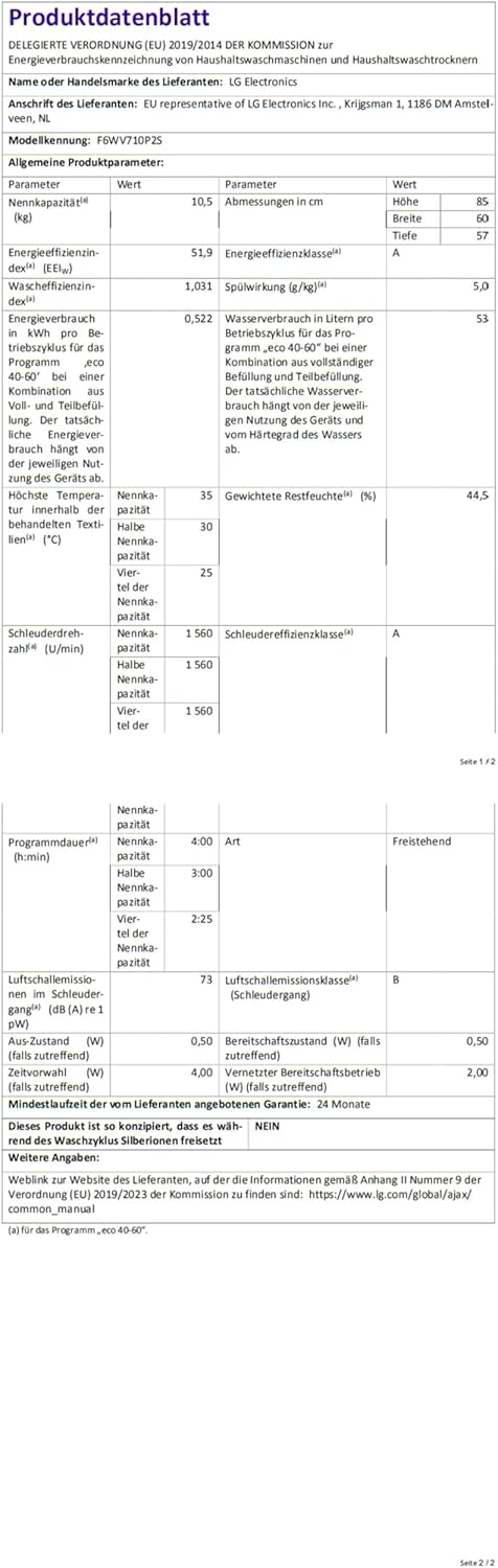 LG F4WV7080 Waschmaschine – 8 kg, 1400 U/min, AI Direct Drive