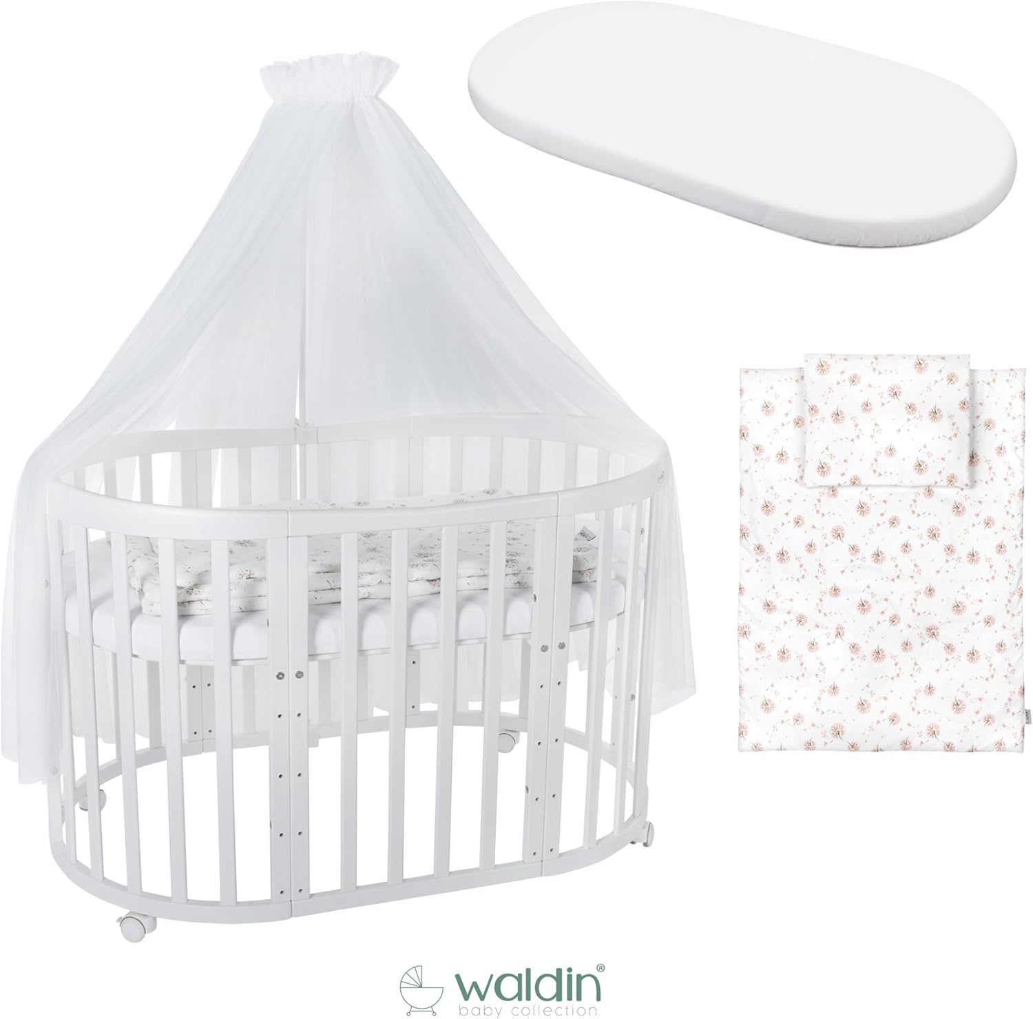 Waldin Oval Baby-Bett 7in1 – Mitwachsend, Gitterbett, Wickelkommode