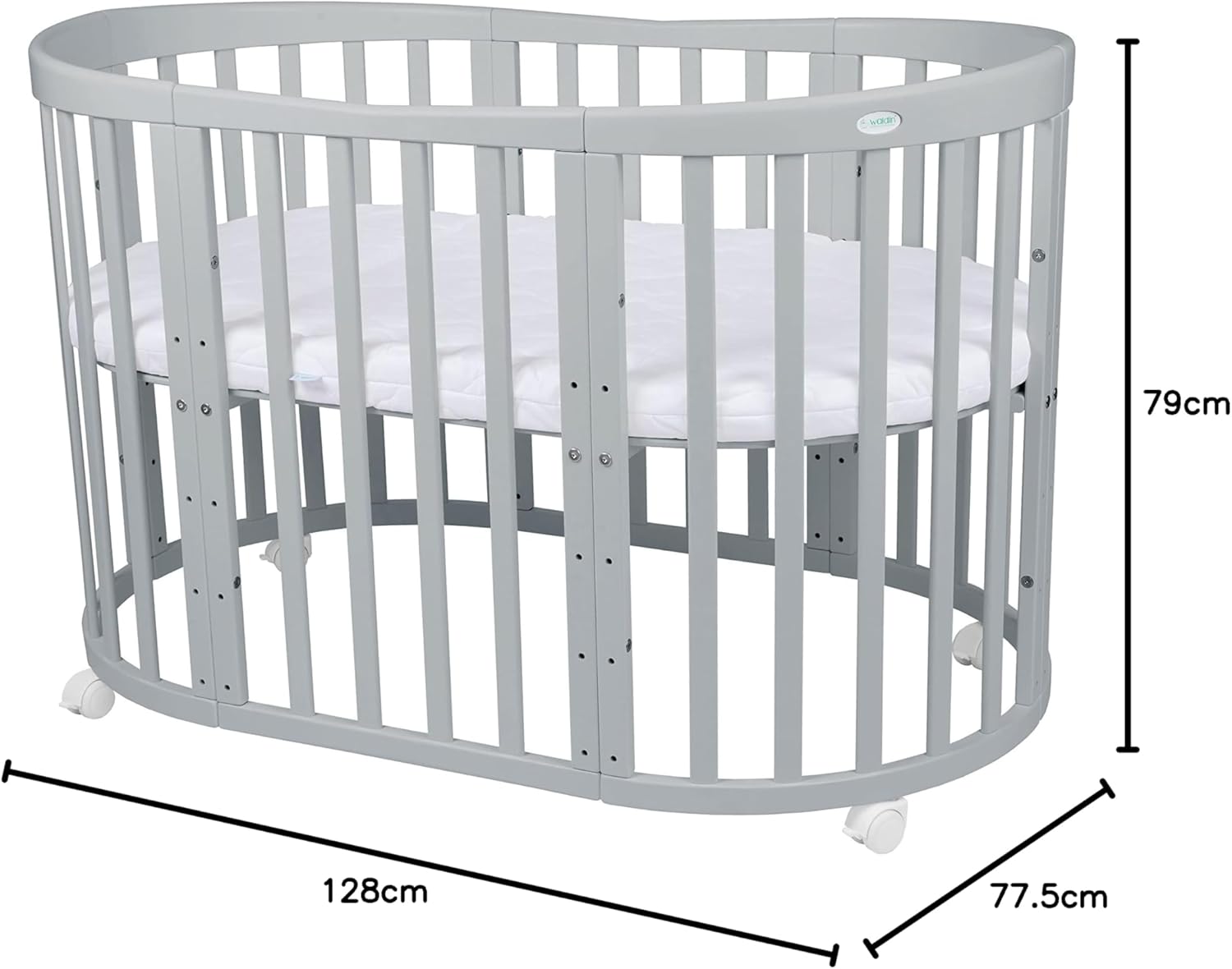 Waldin Oval Baby-Bett 7in1 – Mitwachsend, Gitterbett, Wickelkommode