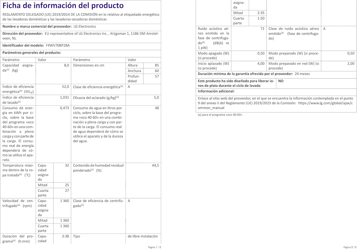 LG F4WV7080 Waschmaschine – 8 kg, 1400 U/min, AI Direct Drive
