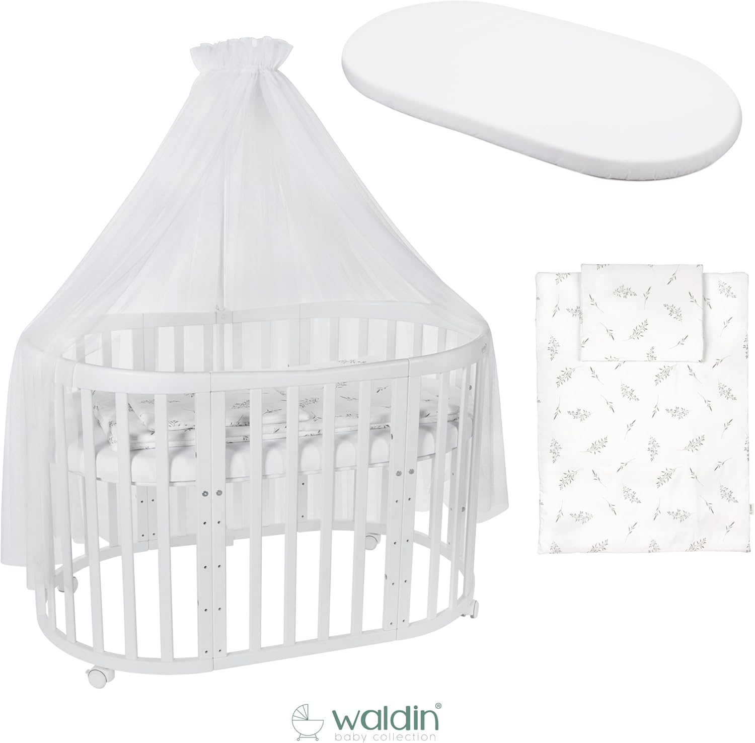 Waldin Oval Baby-Bett 7in1 – Mitwachsend, Gitterbett, Wickelkommode