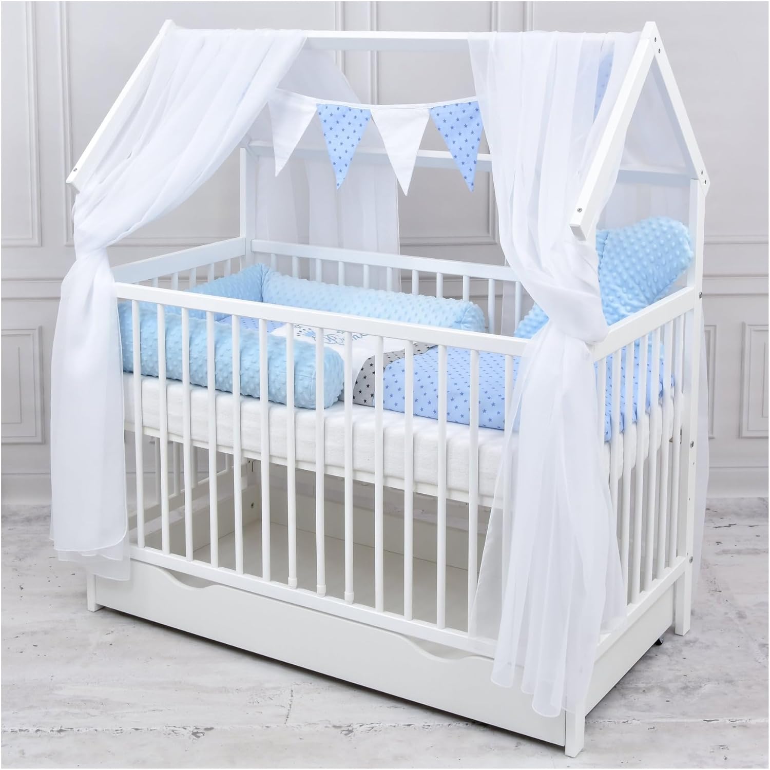 Baby Delux Babybett Hausbett – 60x120 cm, Komplett Set, Schublade & Rausfallschutz