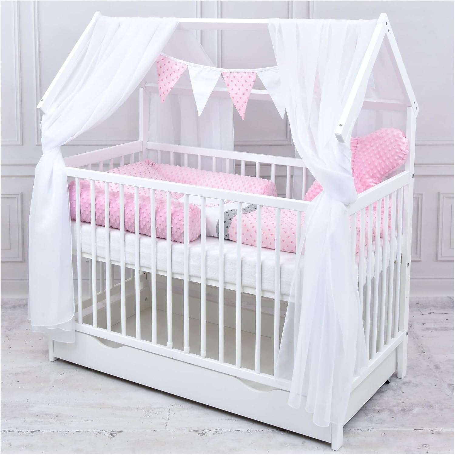 Baby Delux Babybett Hausbett – 60x120 cm, Komplett Set, Schublade & Rausfallschutz