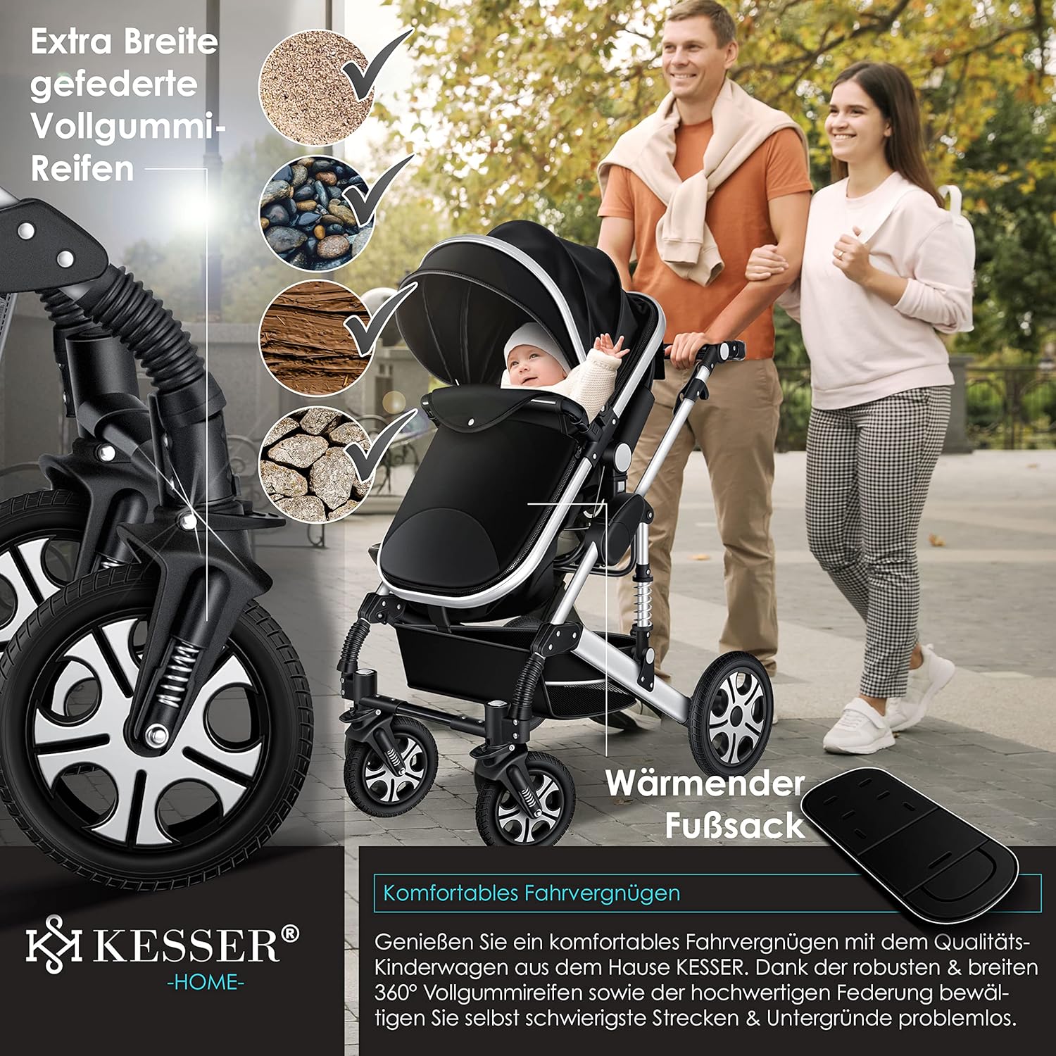KESSER® Loops 3 in 1 Kinderwagen – Babywanne, Buggy Sportsitz, Auto-Babyschale