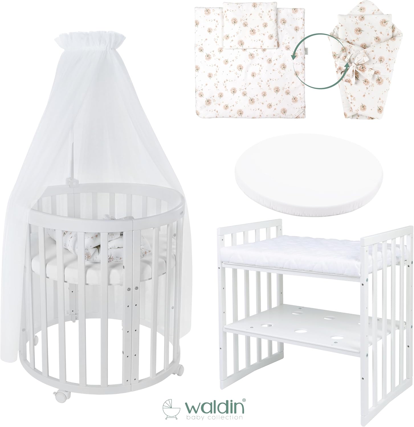 Waldin Oval Baby-Bett 7in1 – Mitwachsend, Gitterbett, Wickelkommode