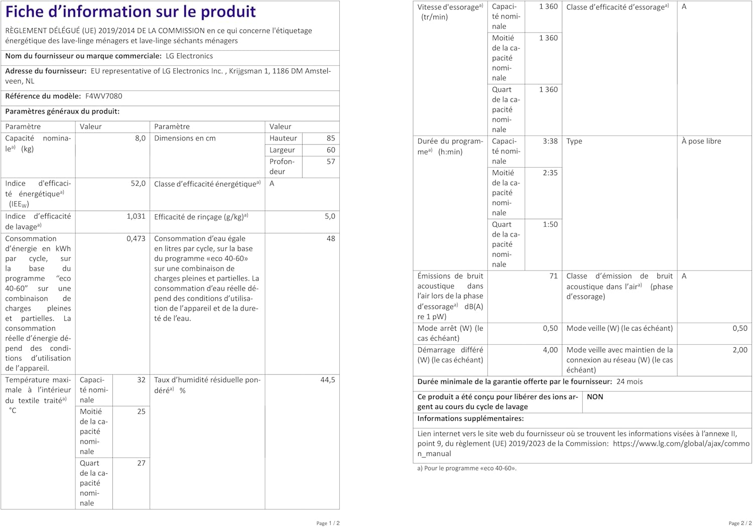 LG F4WV7080 Waschmaschine – 8 kg, 1400 U/min, AI Direct Drive
