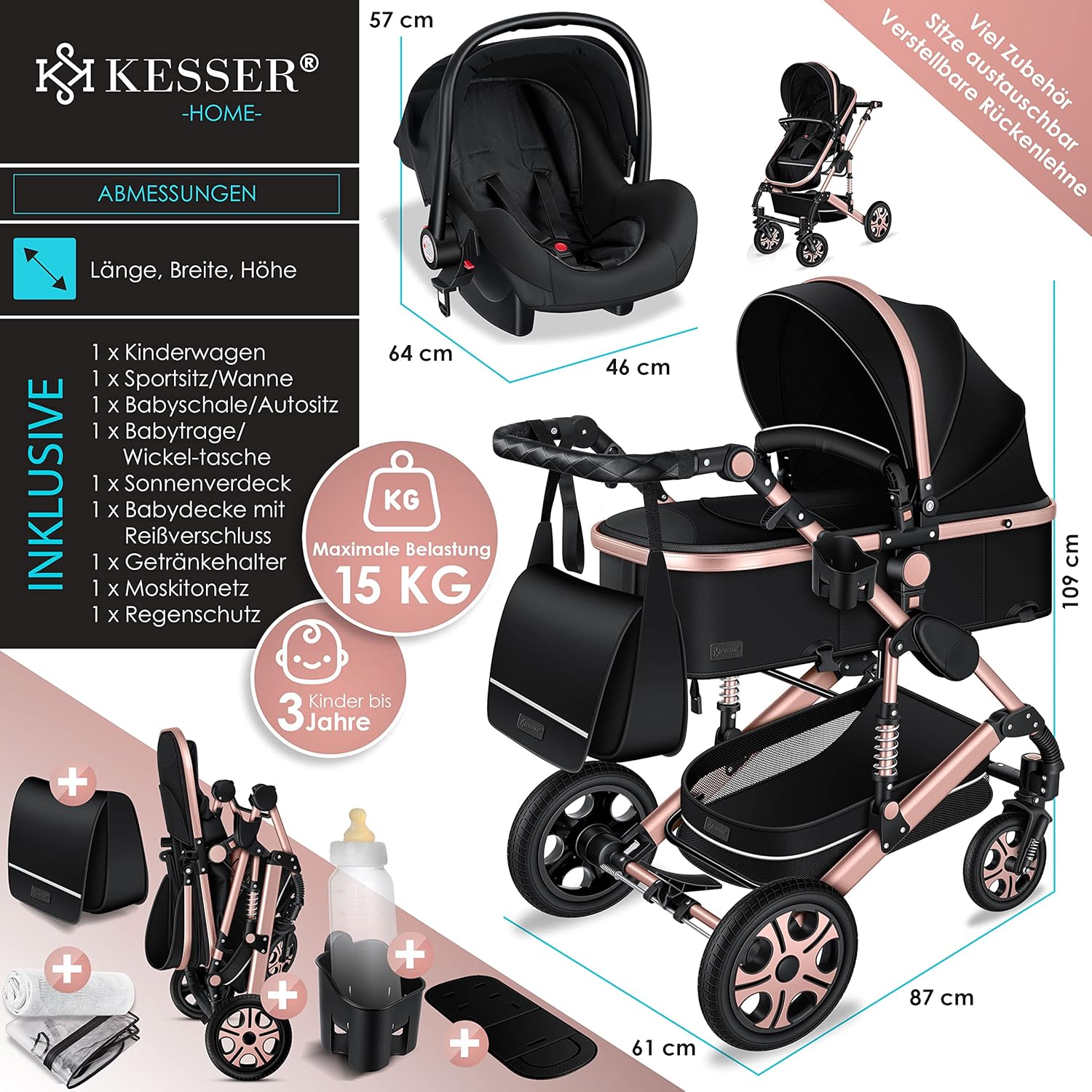 KESSER® Loops 3 in 1 Kinderwagen – Babywanne, Buggy Sportsitz, Auto-Babyschale